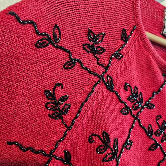 Vintage Tiara Cardigan Womens Large 90s Red Floral Beaded Holiday Party Glam - Picture 4 of 9